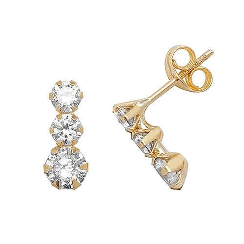 9ct Gold CZ Trilogy Stud Earrings | Climbers - John Ross Jewellers