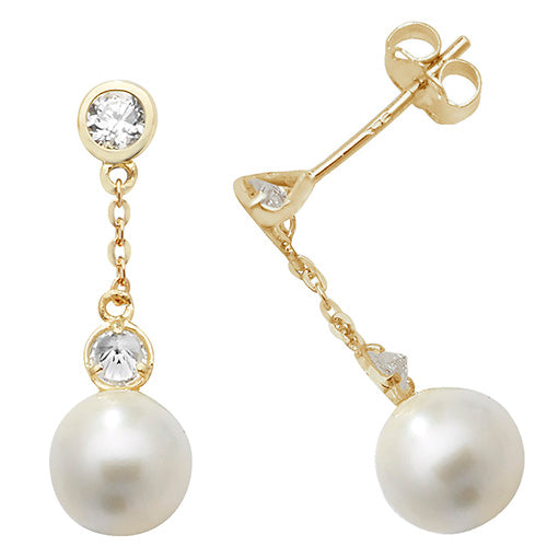 9ct Gold Freshwater Pearl & CZ Drop Earrings - John Ross Jewellers