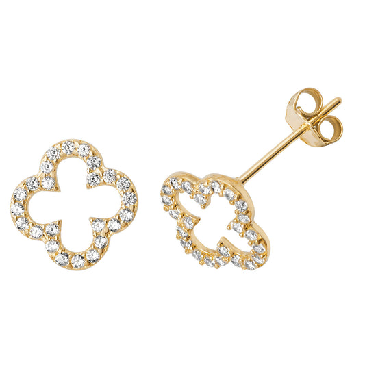 9ct Gold CZ Open Quatrefoil Stud Earrings - John Ross Jewellers