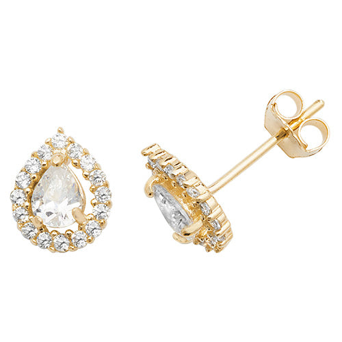 9ct Gold Claw Set Pear CZ Halo Stud Earrings - John Ross Jewellers