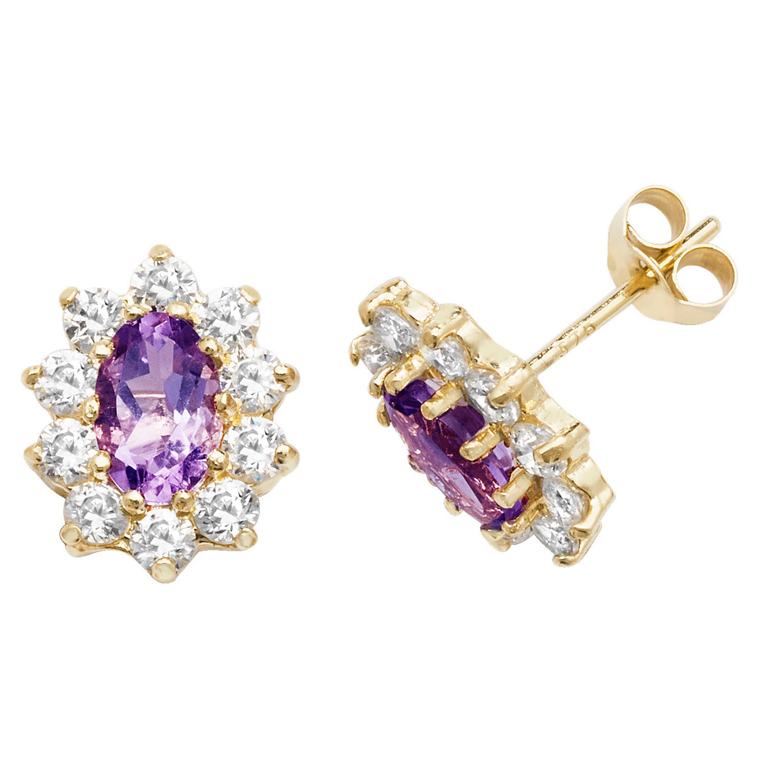 9ct Gold Amethyst & CZ Oval Stud Earrings - John Ross Jewellers