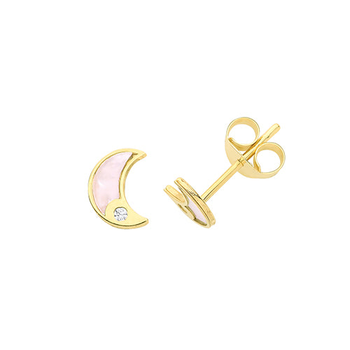 9ct Gold Mother of Pearl & CZ Crescent Stud Earrings - John Ross Jewellers