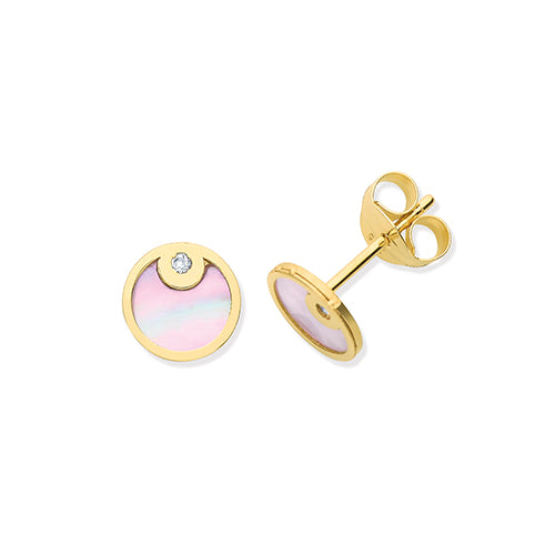 9ct Gold Mother of Pearl & CZ Stud Earrings | Round - John Ross Jewellers
