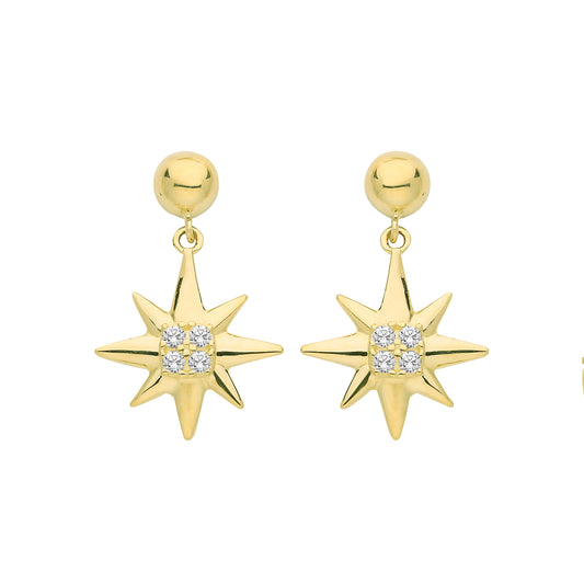 Ear Candy 9ct Gold CZ Compass Star Drop Earrings - John Ross Jewellers