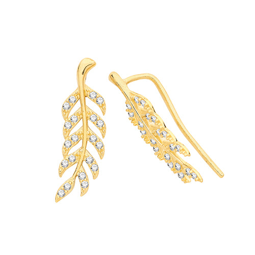 9ct Gold CZ Feather Ear Climbers - John Ross Jewellers