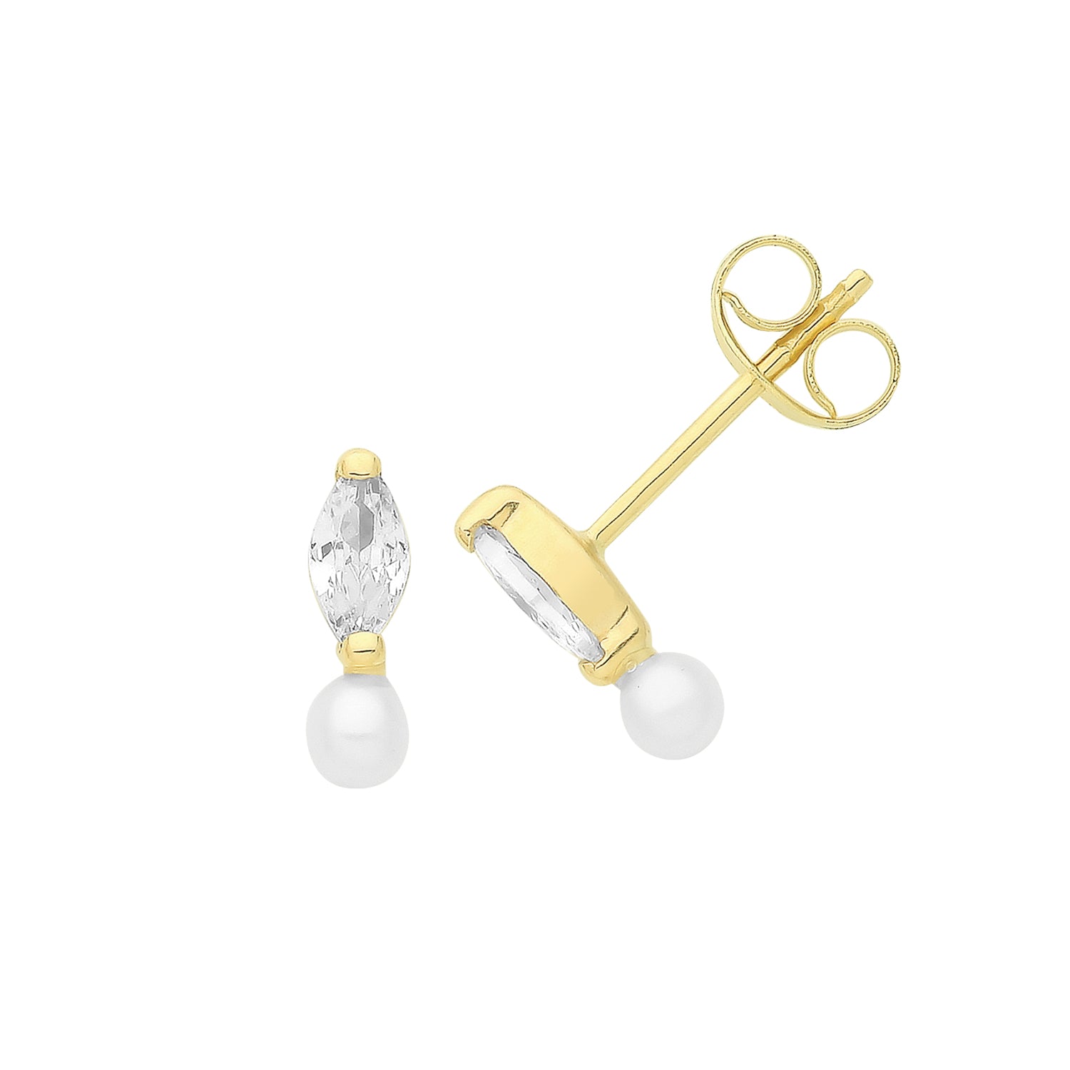 9ct Gold Pearl & Marquis CZ Stud Earrings - John Ross Jewellers