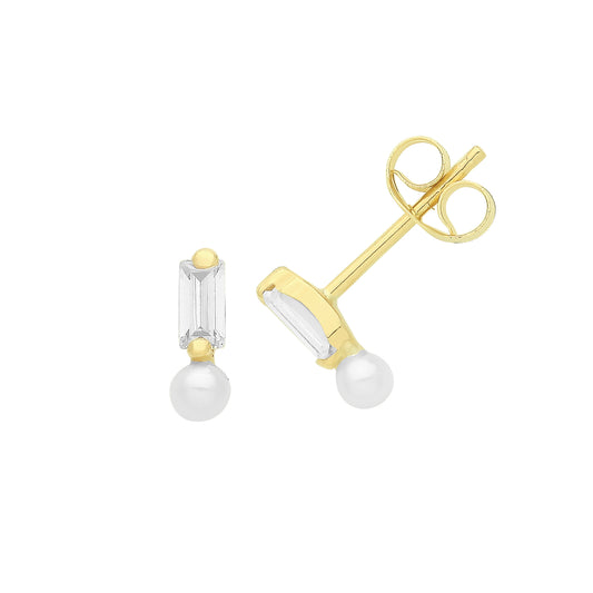 9ct Gold Pearl & Baguette CZ Stud Earrings - John Ross Jewellers