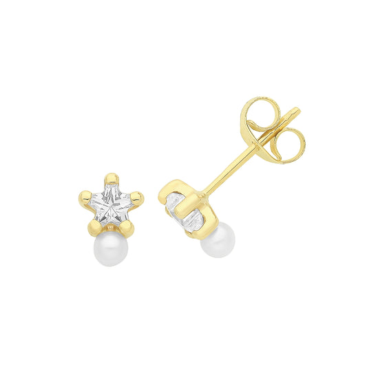 9ct Gold Pearl & Star CZ Stud Earrings - John Ross Jewellers