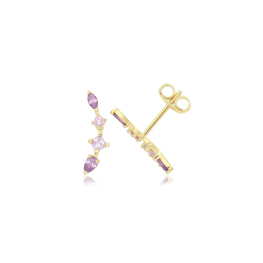 9ct Gold Amethyst CZ Graduated Stud Earrings - John Ross Jewellers