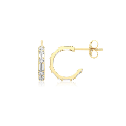 9ct Gold 10mm Baguette Hoop Earrings | White CZ - John Ross Jewellers