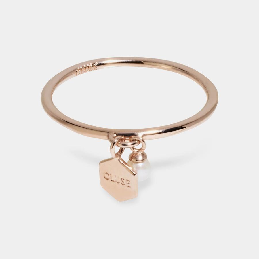 CLUSE Essentielle Rose Gold Hexagon and Pearl Charm Ring - 54 - John Ross Jewellers