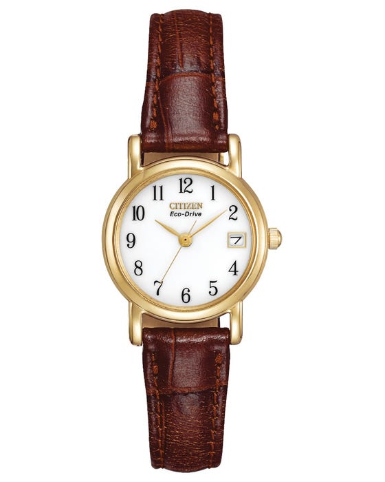 Simplicity at its finest this Citizen Eco-Drive watch is styled in gold-tone stainless steel, a white dial with black accents and a brown leather strap.