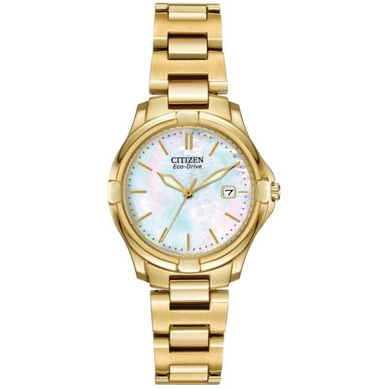 The Citizen Ladies’ Silhouette offers a timeless look that will never go out of style. With a gold-tone case and bracelet, mother-of-pearl dial and polished bezel. The watch features a three-hand dial and keeps track of the current date. It includes water resistance up to 100 metres and a 29mm case. 