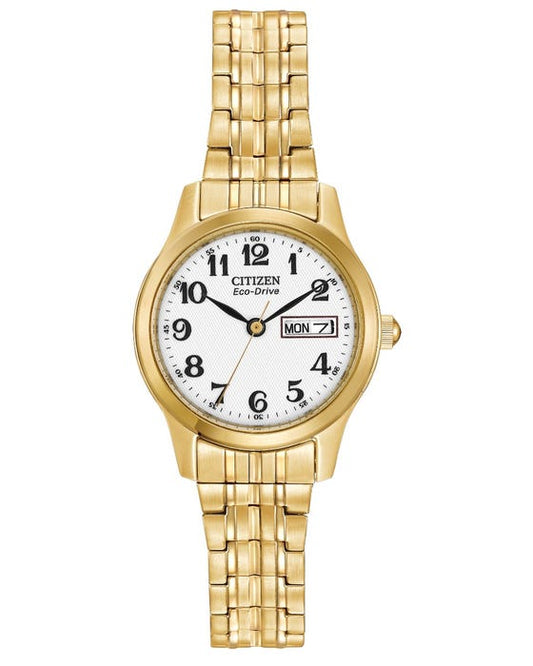 Design and comfort unite in the Citizen Eco-Drive Expansion collection, offering timepieces with universal appeal. Key features of this 3-hand analogue watch in stainless steel with gold tone include day-date indicator, white dial, 25mm case and 30 meter water resistance.