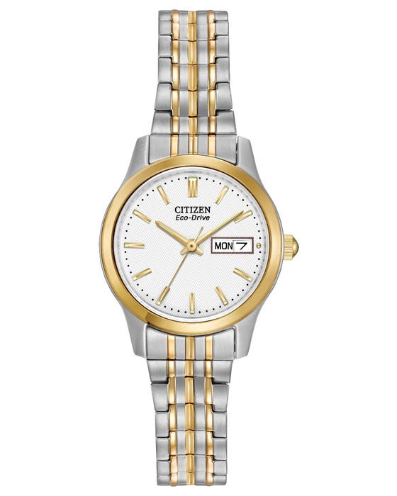 Design and comfort unite in the Citizen Eco-Drive Expansion collection, offering timepieces with universal appeal. Key features of this 3-hand analog watch in stainless steel with gold tone include day-date indicator, white dial, 25mm case and 30 metre water resistance.