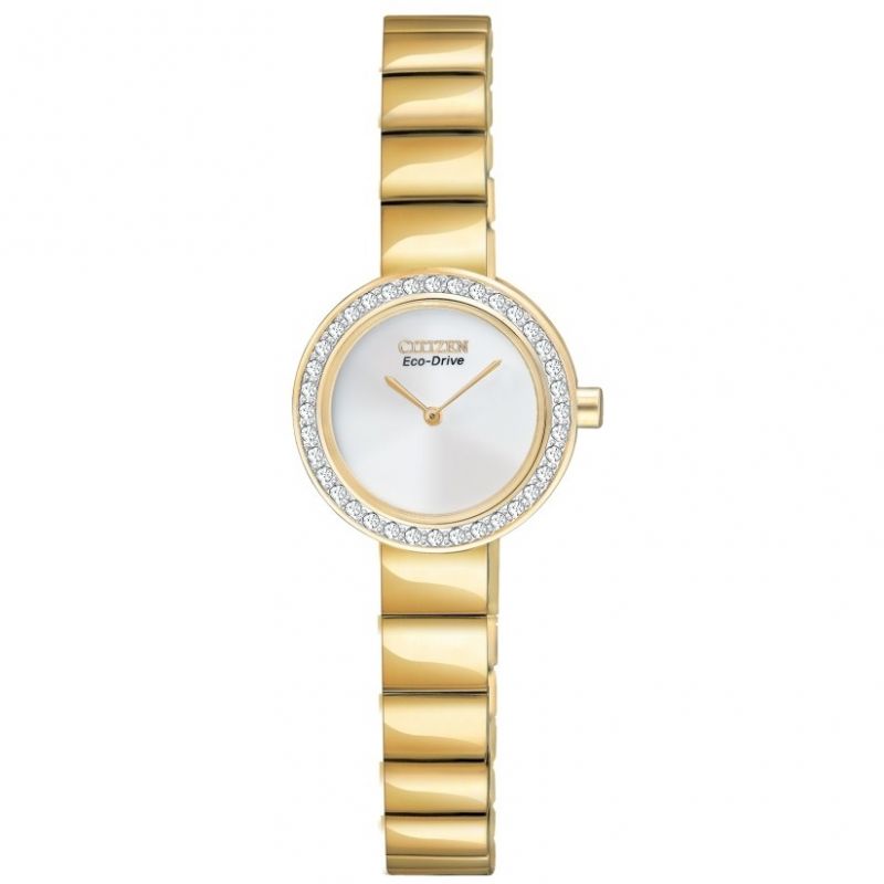 The Citizen Ladies’ Ecodrive Silhouette Crystals offers a timeless look that will never go out of style. With a gold-tone case and bracelet, white dial and bezel adorned with crystals. The watch features a three-hand dial. It includes water resistance up to 30 metres and a 20mm case. 