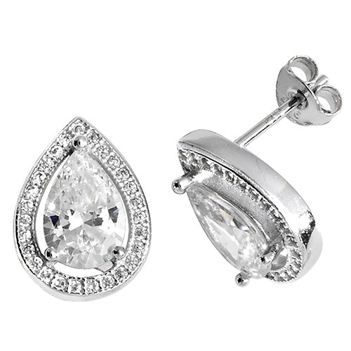 Silver CZ Pear Halo Stud Earrings - John Ross Jewellers