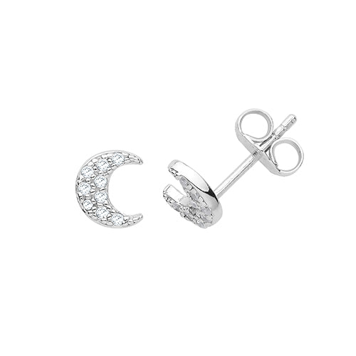 Silver CZ Crescent Moon Stud Earrings - John Ross Jewellers