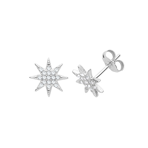 Silver CZ Compass Star Stud Earrings - John Ross Jewellers