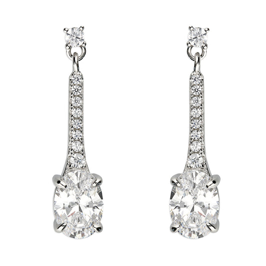 Silver CZ Bar Oval Cut Drop Earrings - John Ross Jewellers