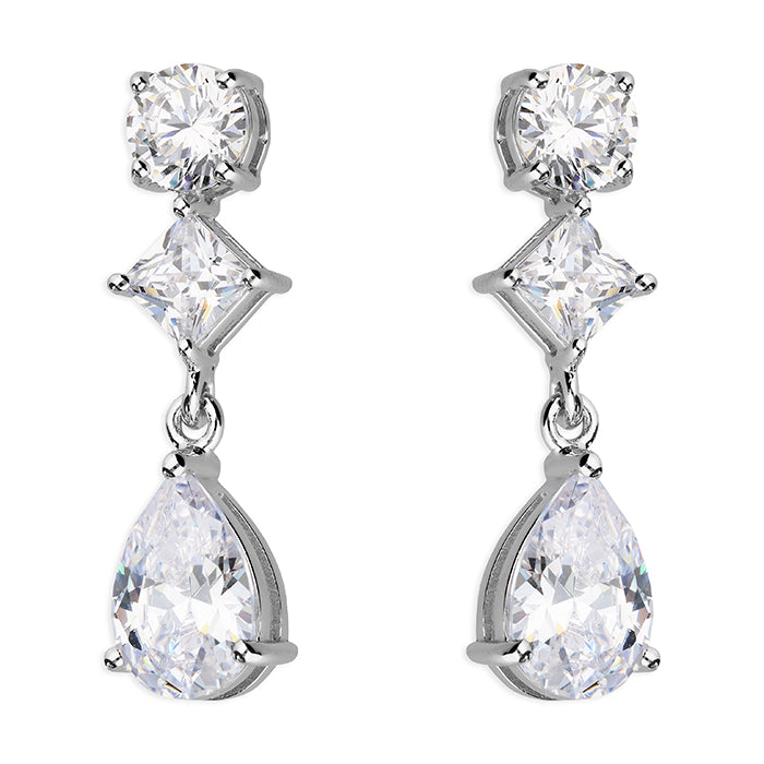 Silver CZ Pear and Princess Cut Drop Earrings - John Ross Jewellers