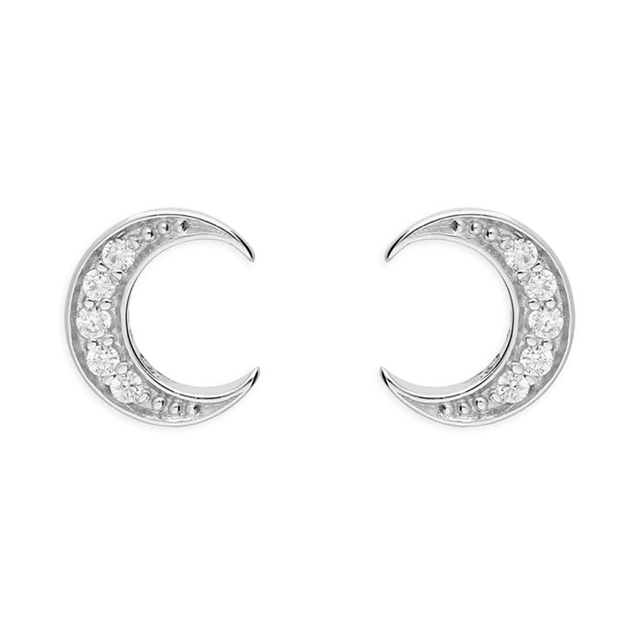 Silver CZ Crescent Stud Earrings - John Ross Jewellers