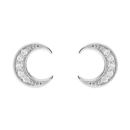 Silver CZ Crescent Stud Earrings - John Ross Jewellers