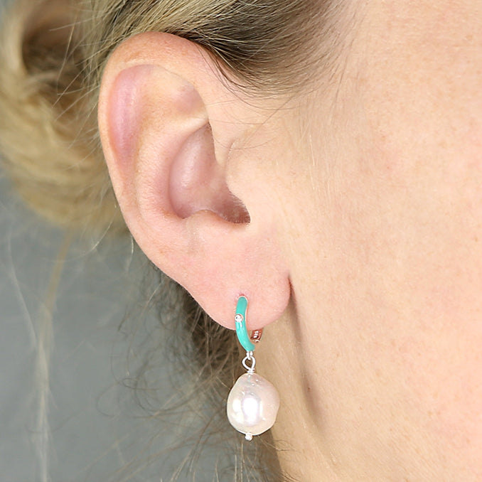 Silver Blue Enamel Baroque Pearl Huggie Hoop Earrings - John Ross Jewellers