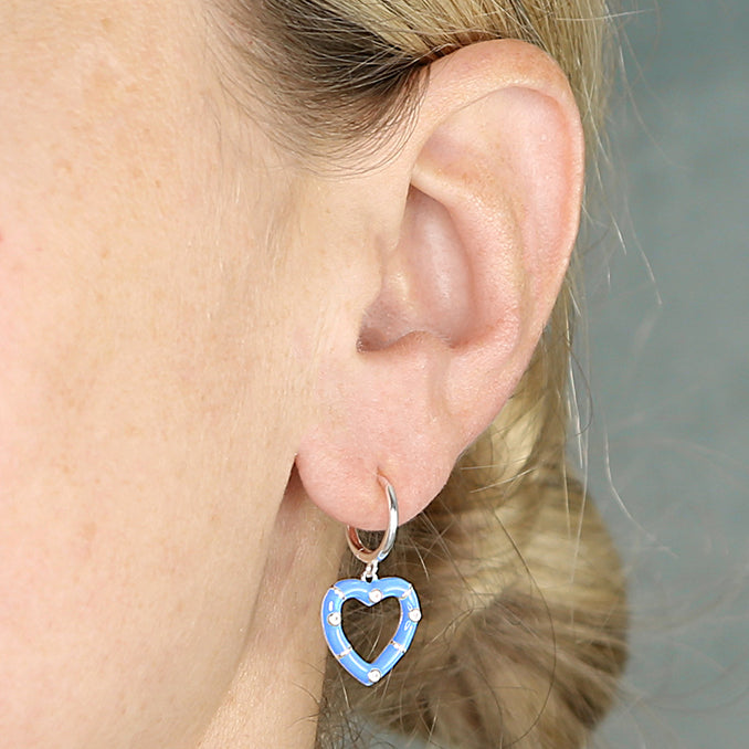 Silver Blue Enamel Heart Huggie Hoop Earrings - John Ross Jewellers