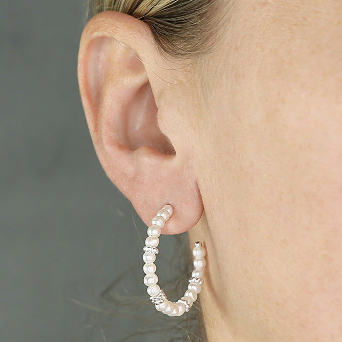 Silver Freshwater Pearl & Mini Bead Hoop Earrings | 28mm - John Ross Jewellers