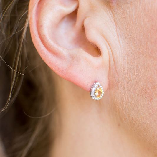 Silver Citrine Pear Halo Earrings - John Ross Jewellers