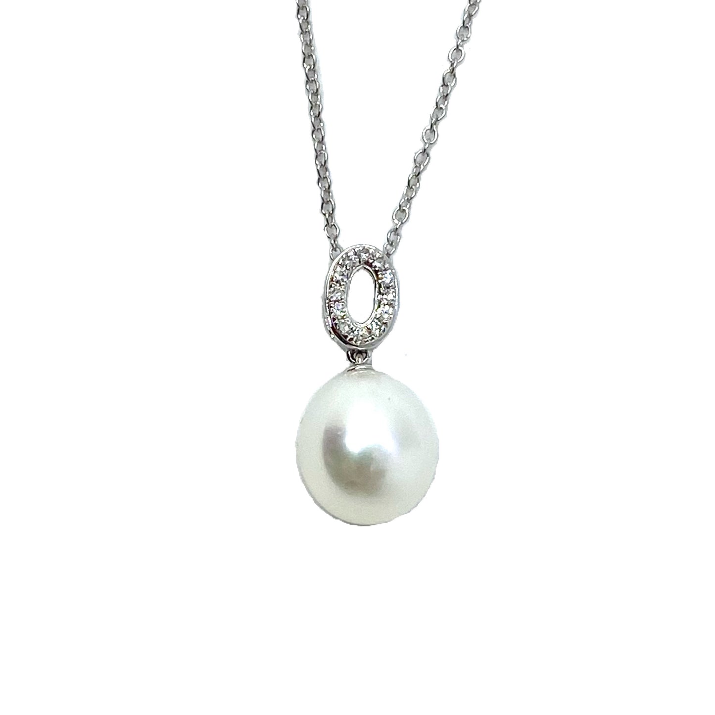 18ct White Gold Freshwater Pearl & Diamond Pendant Necklace - John Ross Jewellers