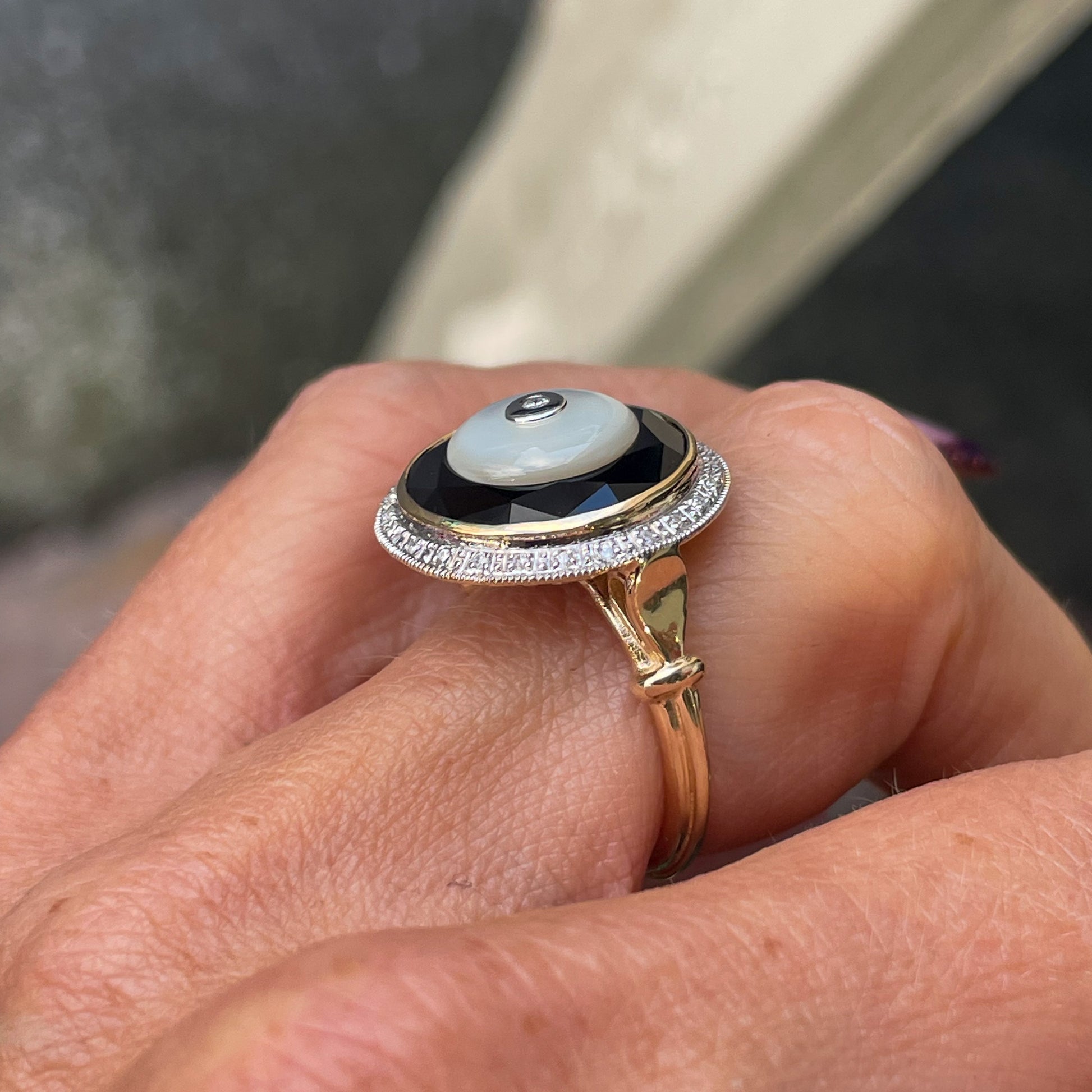 9ct Gold Mother of Pearl, Onyx & Diamond Ring - John Ross Jewellers