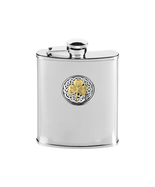 6oz Steel Shamrock Hip Flask - John Ross Jewellers