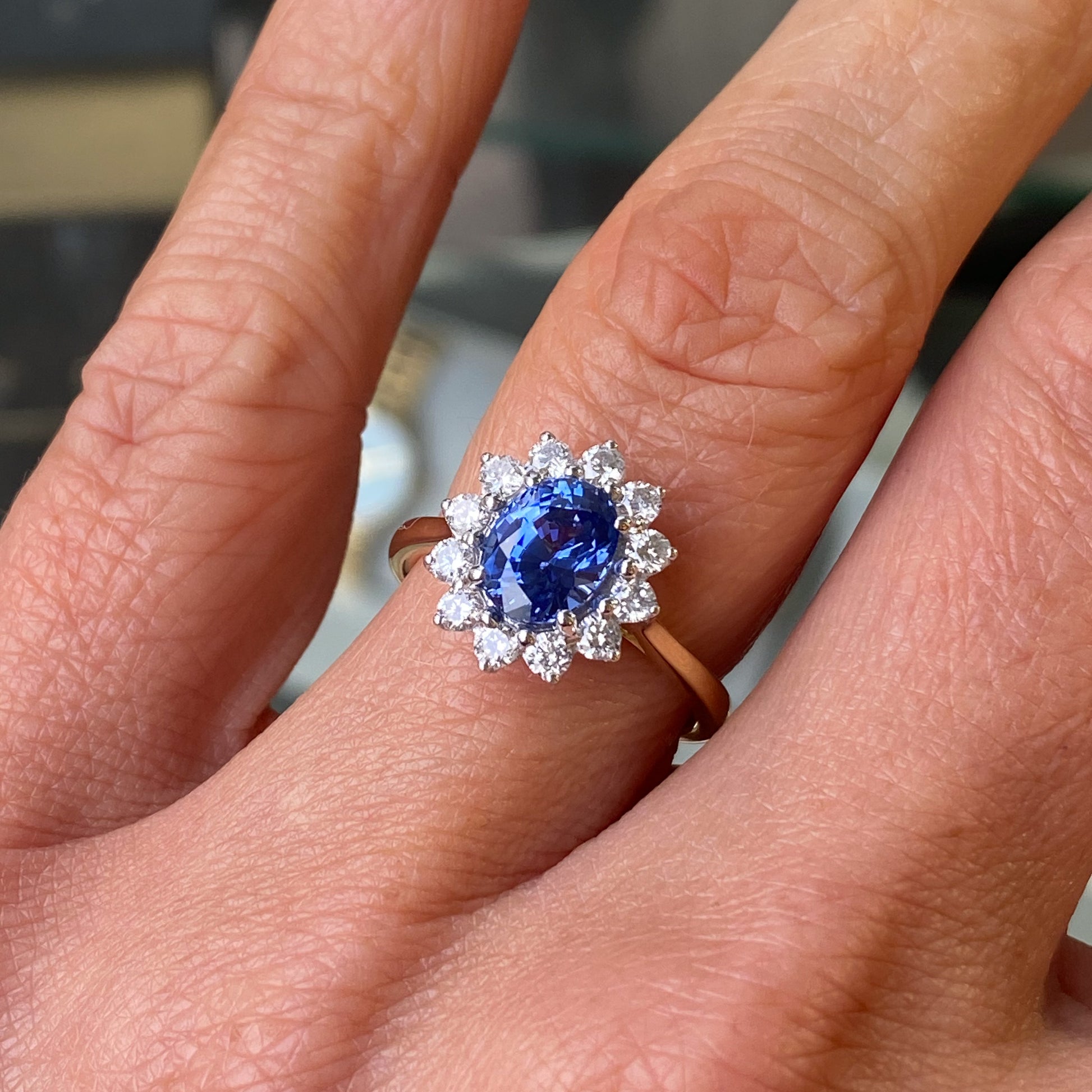 18ct Gold Sapphire & Diamond Diana Cluster Ring - John Ross Jewellers