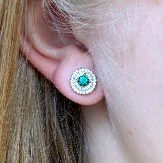 Silver CZ Double Halo Stud Earrings - Created Emerald - John Ross Jewellers