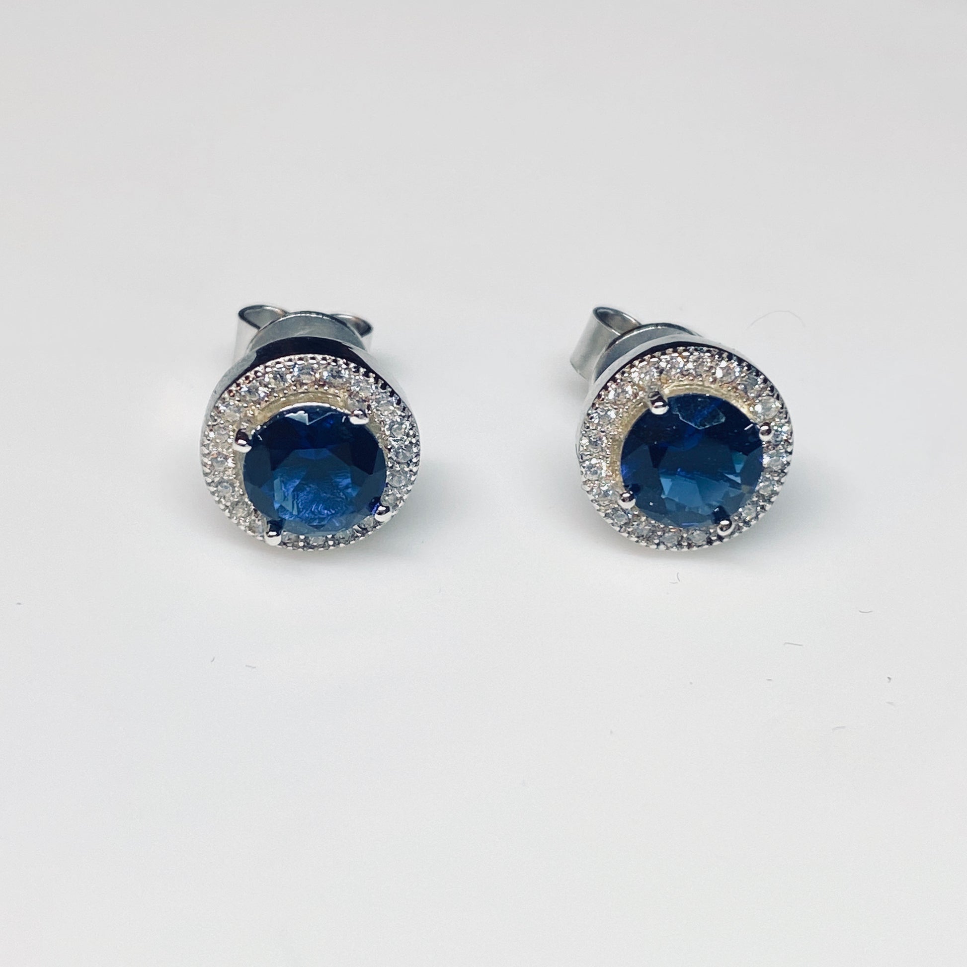 Silver Blue & White CZ Halo Stud Earrings - John Ross Jewellers