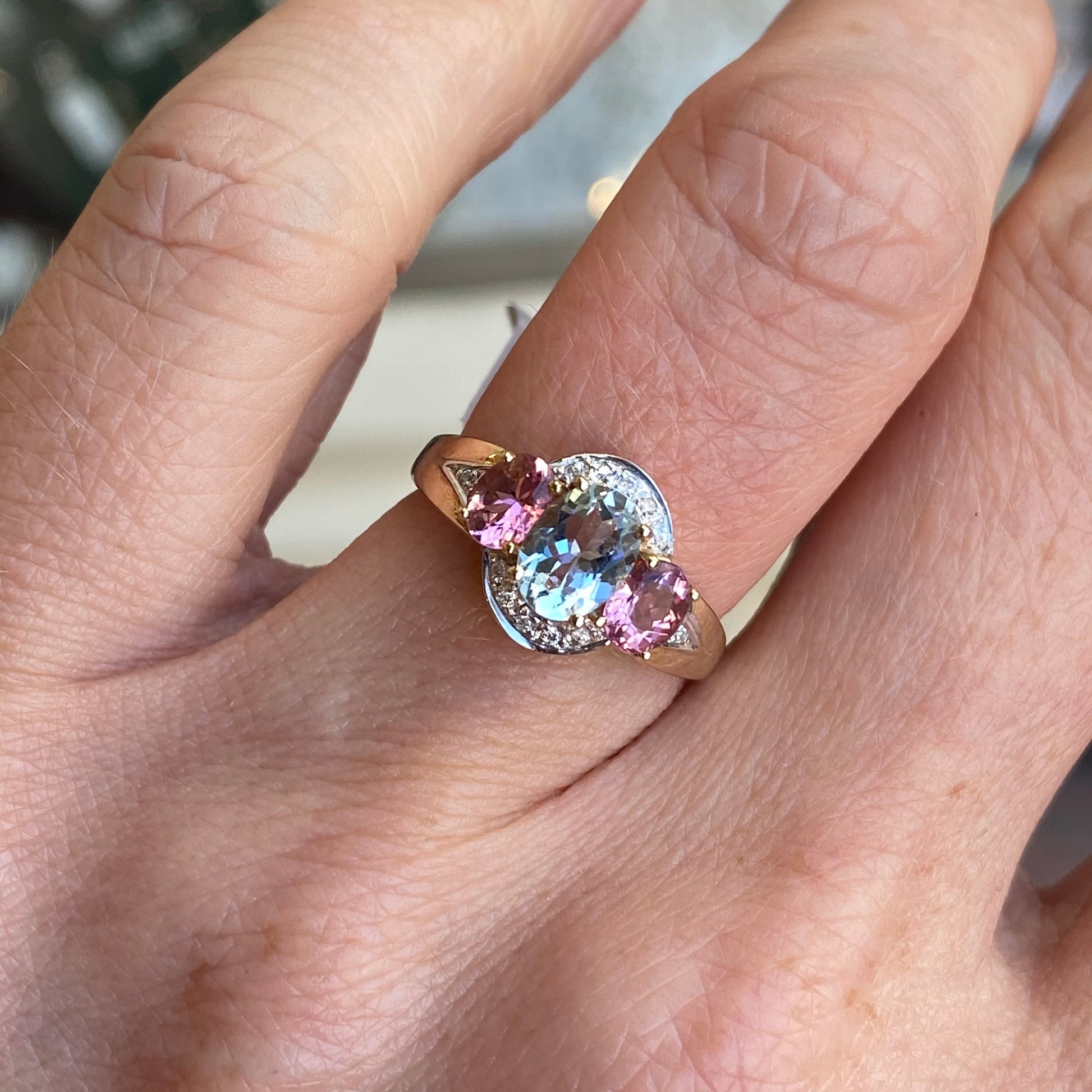 9ct Gold Aquamarine, Pink Tourmaline & Diamond Ring - John Ross Jewellers