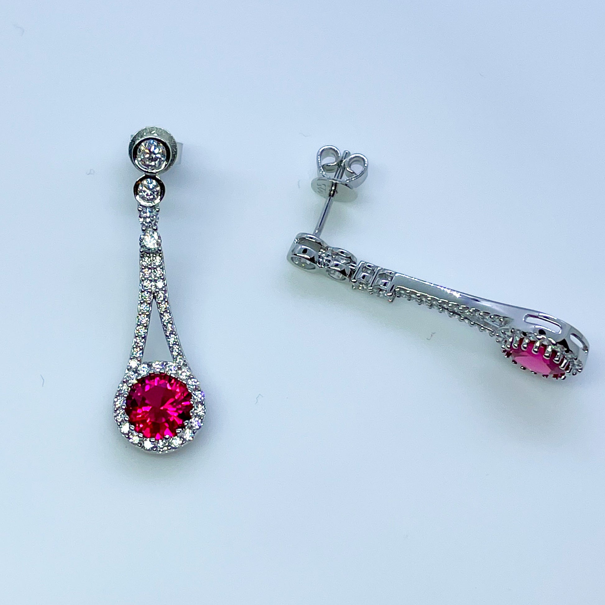 Silver Created Ruby & CZ Vintage Style Drop Earrings - John Ross Jewellers