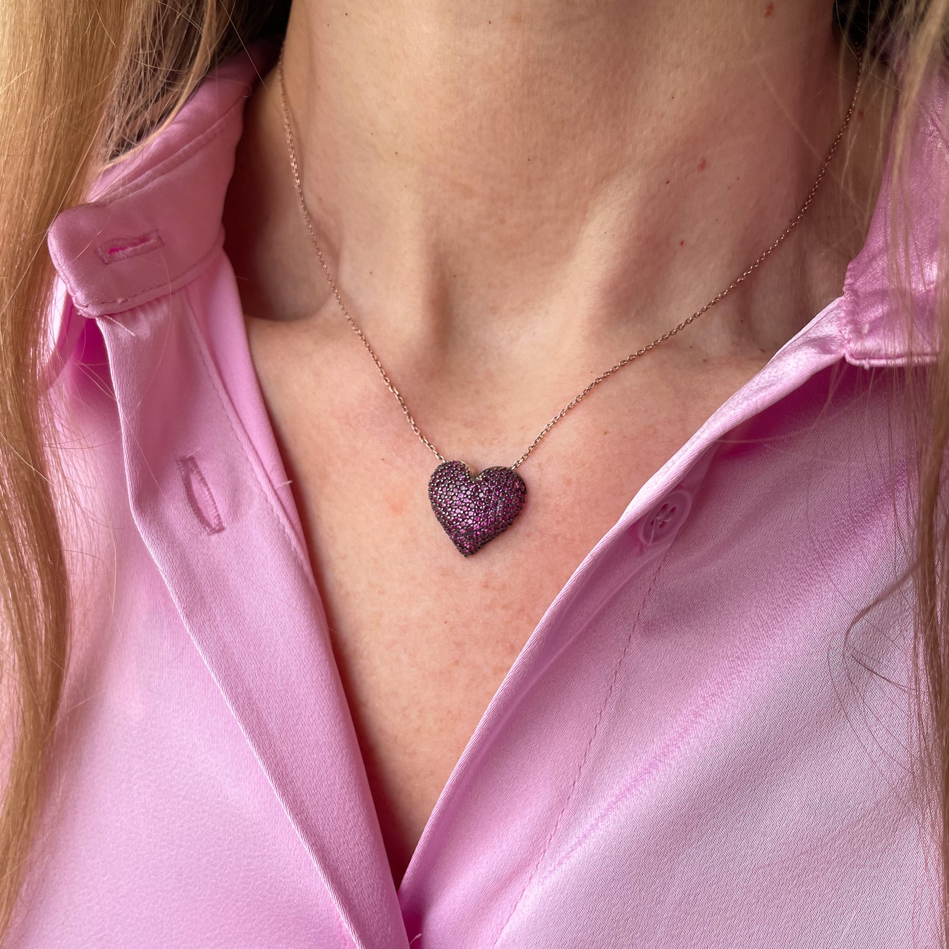 Fuchsia Pink CZ Heart Rose Necklace - John Ross Jewellers
