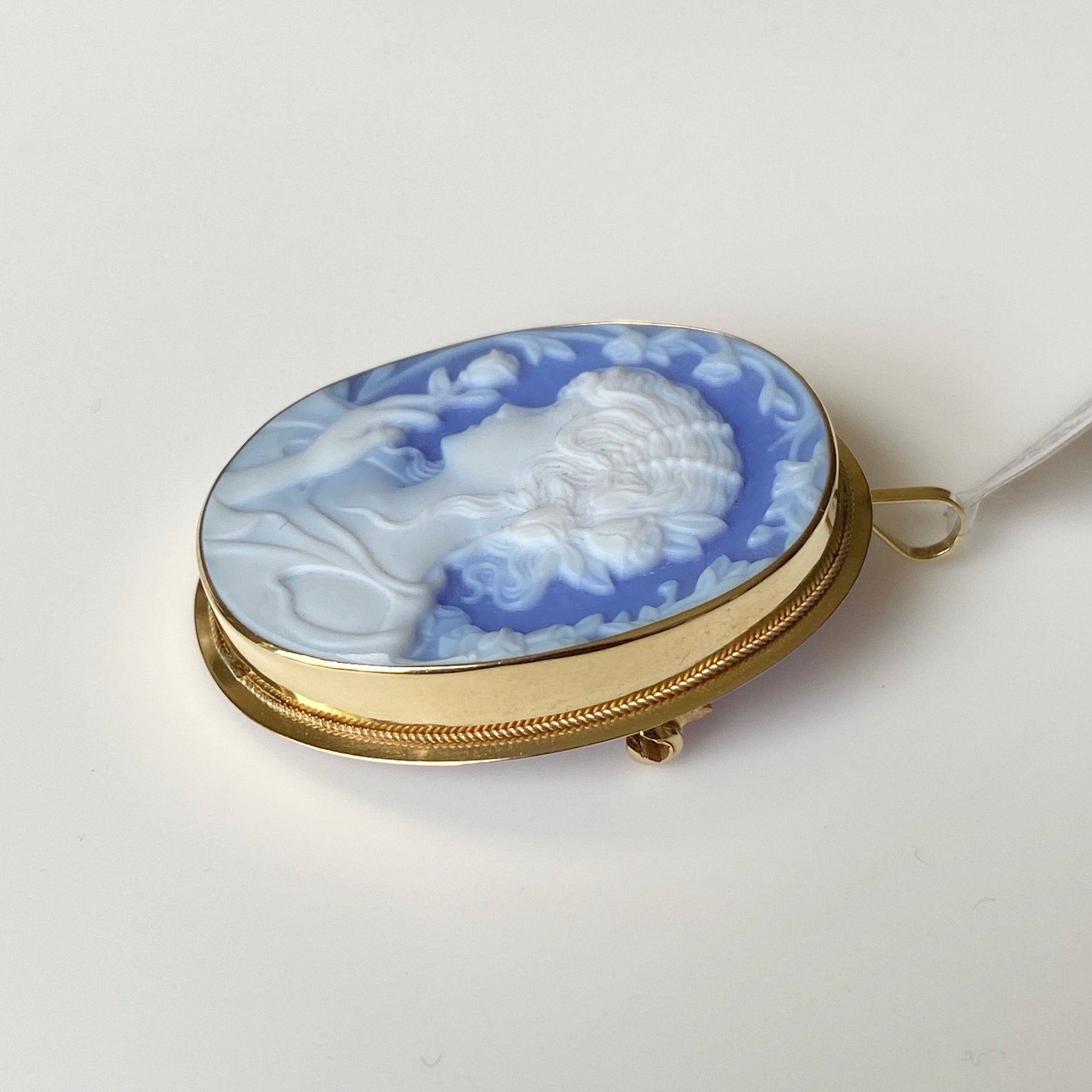 18ct Gold Blue Agate Lady Cameo Brooch/Pendant - Large - John Ross Jewellers