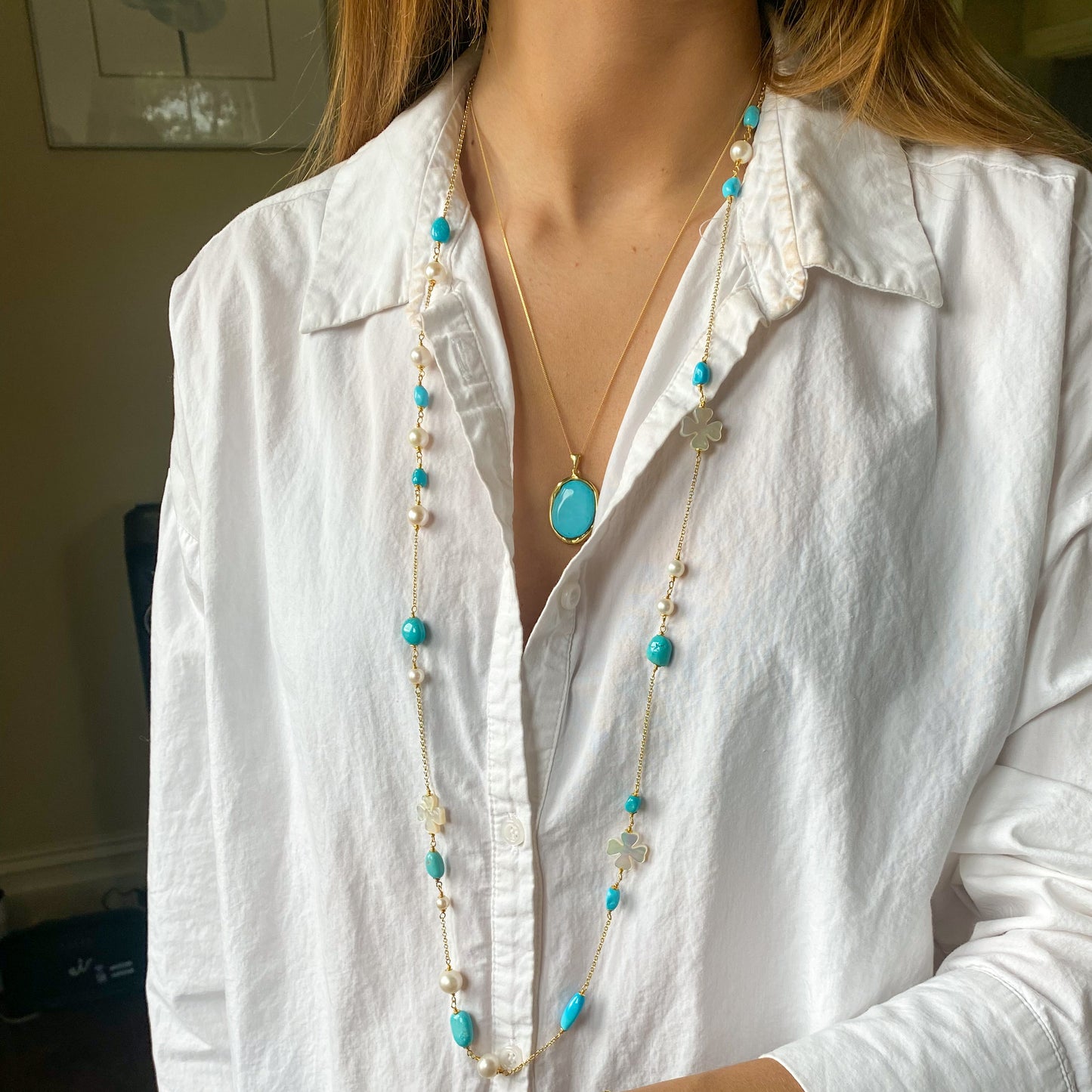 Natural Beauty - Turquoise, Pearl & Mother of Pearl Necklace | 100cm - John Ross Jewellers