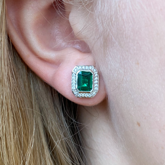 Silver CZ Deco Stud Earrings | Created Emerald - John Ross Jewellers