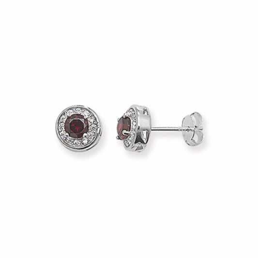 Silver Created Garnet & CZ Round Cluster Earrings - John Ross Jewellers