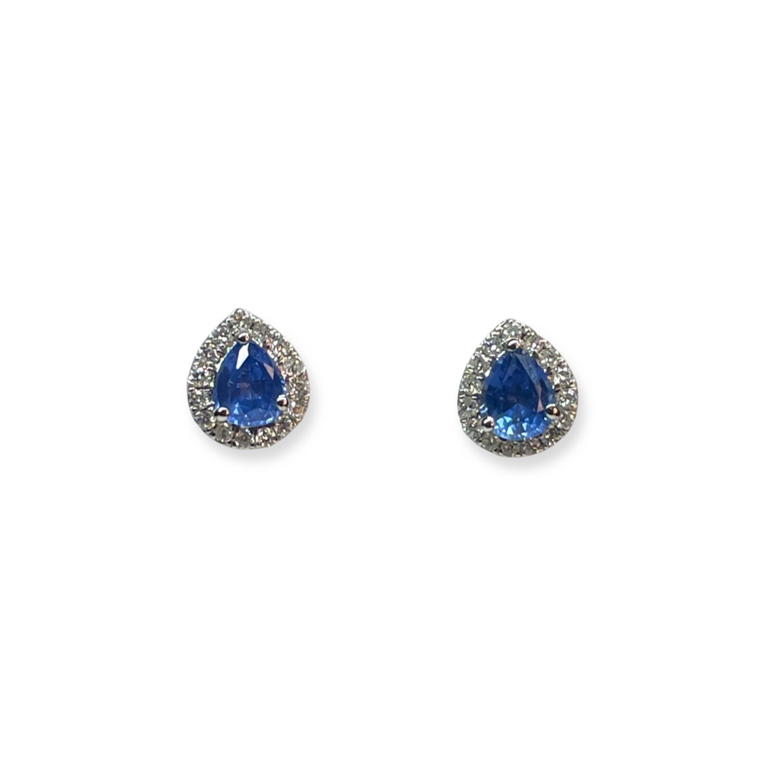 18ct White Gold Sapphire & Diamond Pear Cluster Stud Earrings - John Ross Jewellers