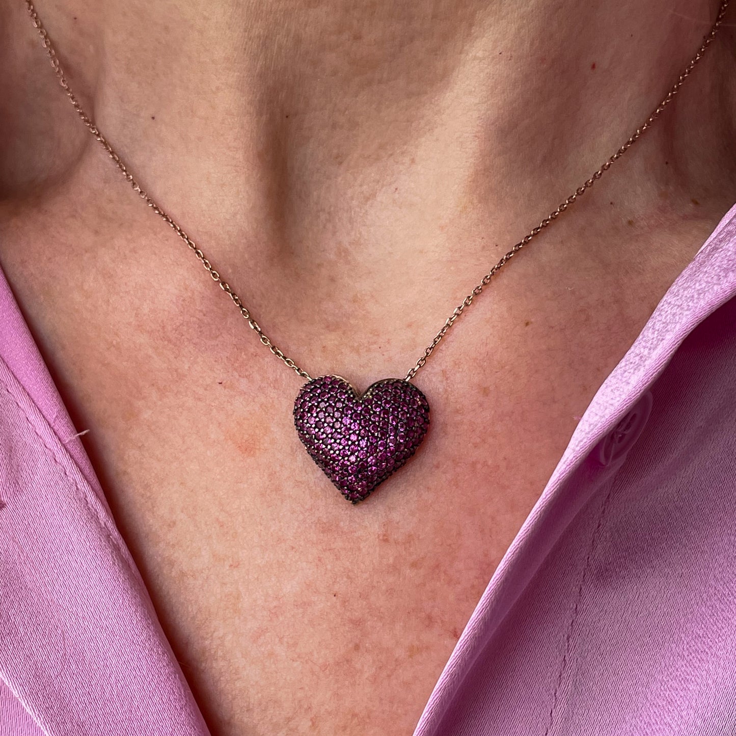 Fuchsia Pink CZ Heart Rose Necklace - John Ross Jewellers
