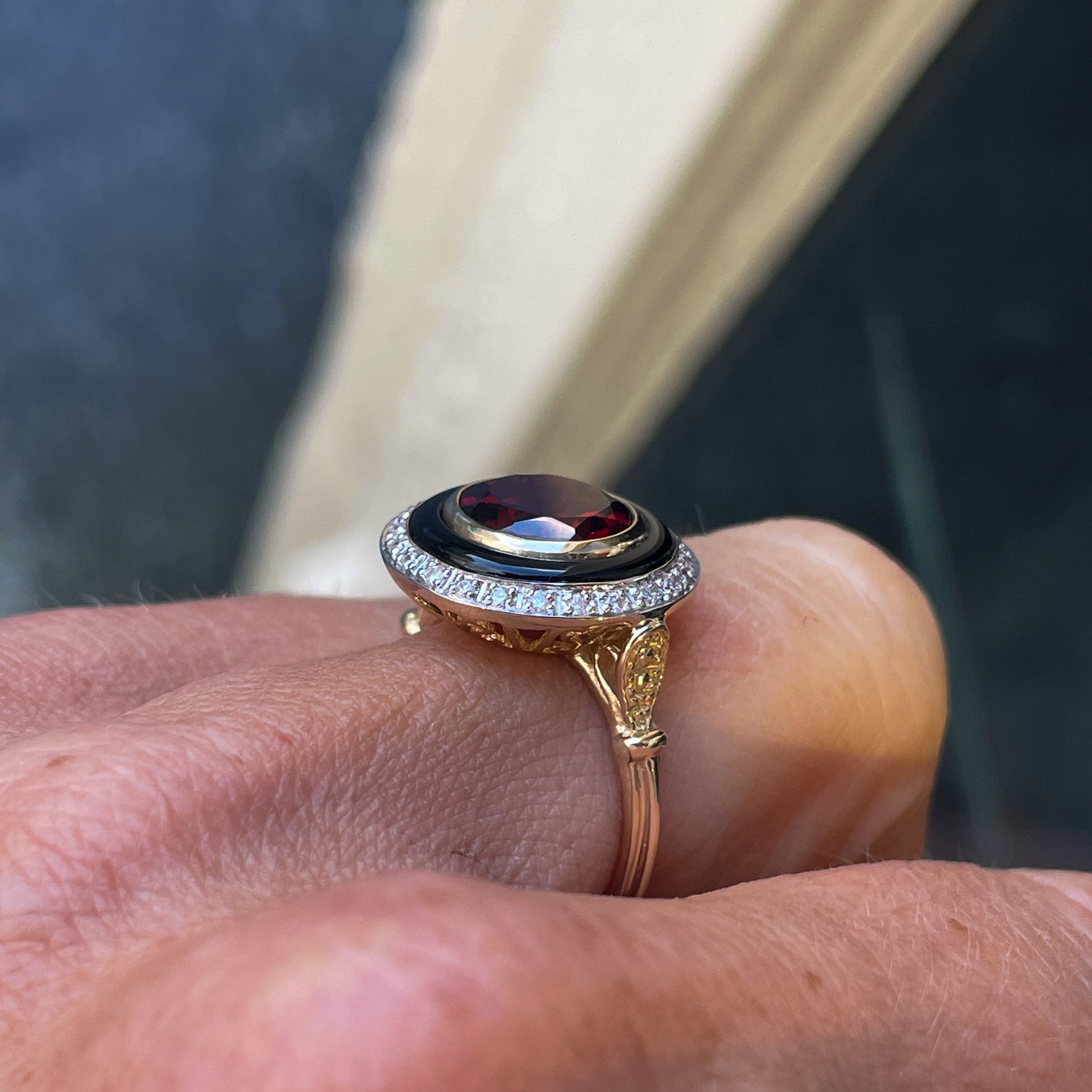 9ct Gold Garnet, Onyx & Diamond Ring - John Ross Jewellers