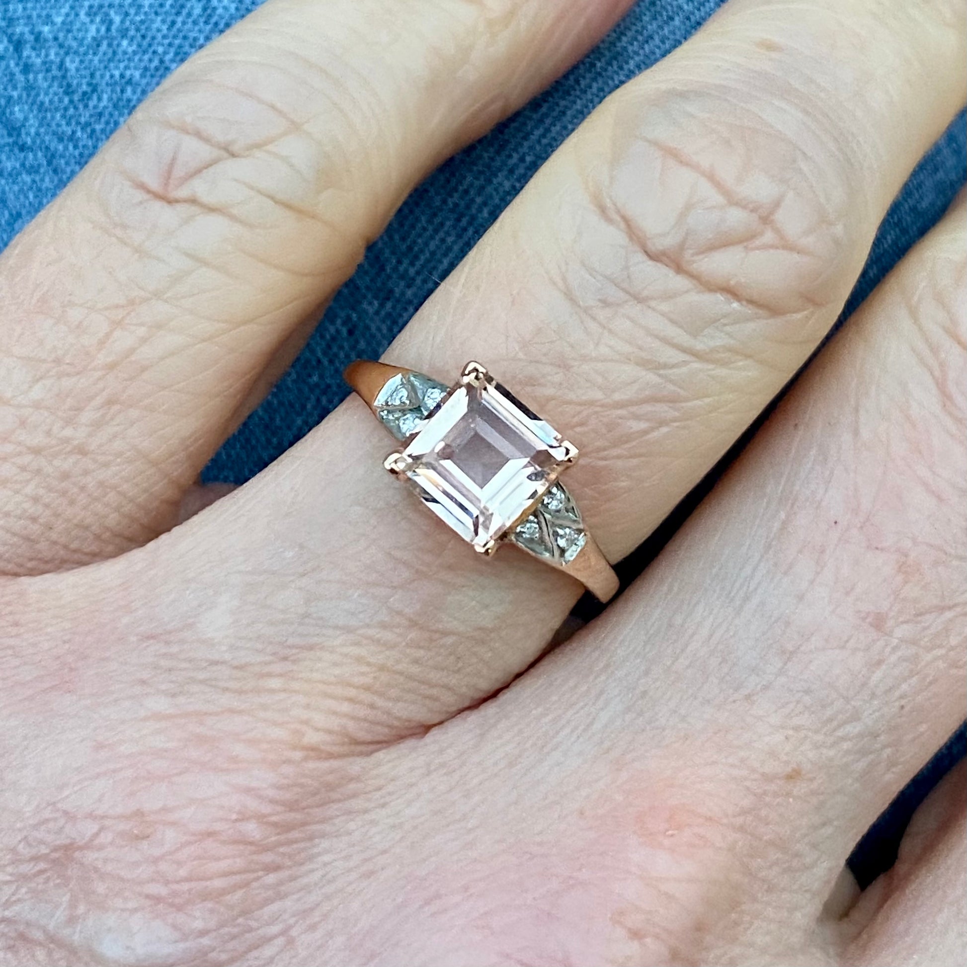 9ct Rose Gold Morganite & Diamond Ring Size O  Trilogy of Diamonds in the shoulders