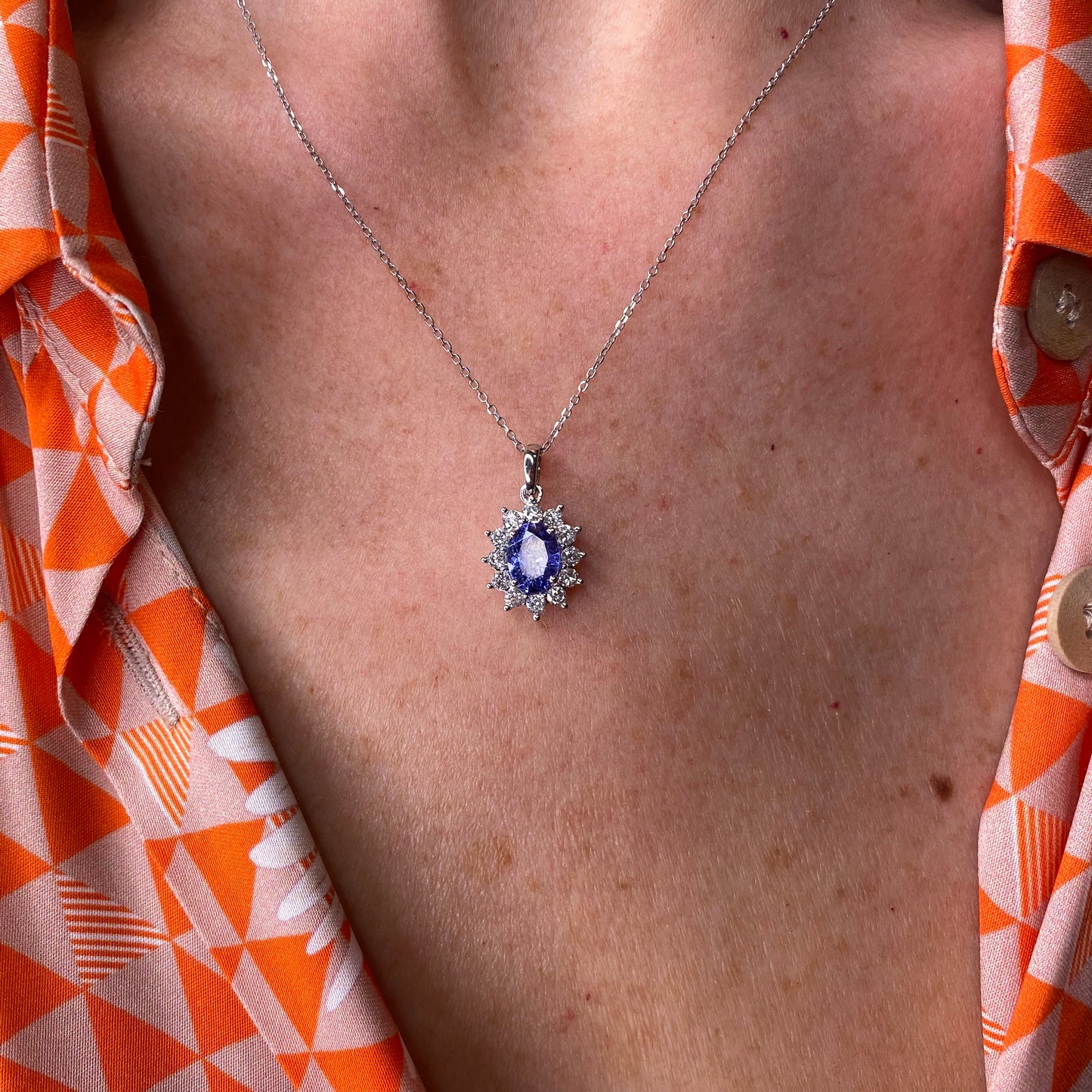 18ct White Gold Tanzanite & Diamond Pendant - John Ross Jewellers