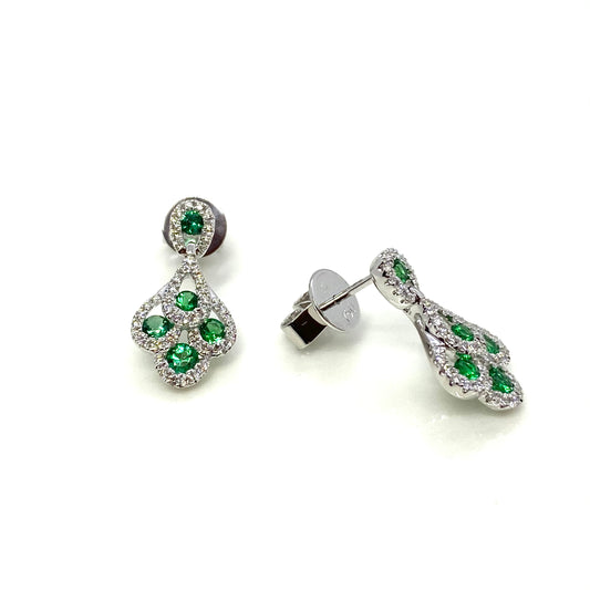 18ct White Gold Emerald & Diamond Peacock Tail Drop Earrings - John Ross Jewellers